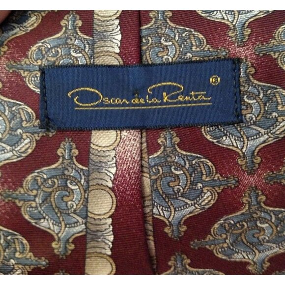 Vintage Oscar De La Renta Silk Tie Mens Necktie Gray Gold Burgundy Made in USA - Picture 3 of 6